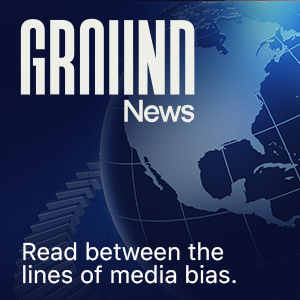 blue image with semi transparent globe behind "Ground News: read between the lines of media bias" text is in white. 