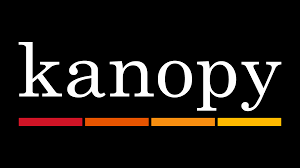 black square with "Kanopy" written in white serif text. Gradient bar underneath text going from red to yellow. 